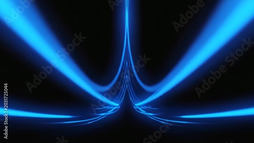 Symmetrical blue light paths curving upwards from the center for abstract futuristic design and, energy concept