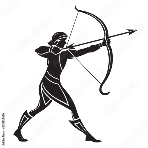 Fotografie Archer Silhouette Shooting Bow and Arrow Vector Illustration Isolated on White B