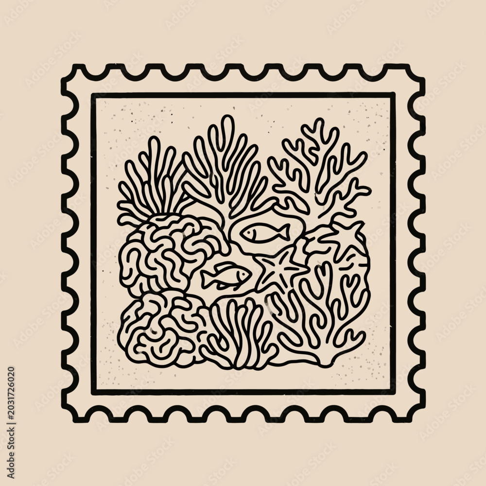 Obraz premium Coral Reef Black Line Drawing Illustration.
