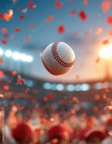 A baseball flies through the air in a lively stadium filled with cheering fans and vibrant confetti under bright lights at sunset.