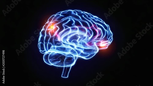 3D glowing blue model of a human brain with red activity points for neuroscience and cognitive, science concept