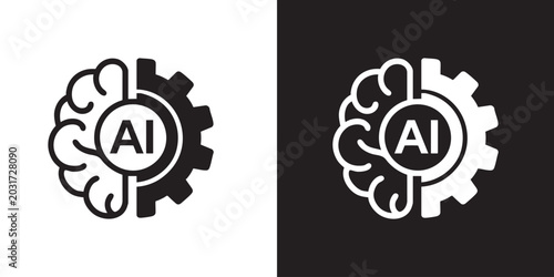 Minimalist AI Brain Gear Logo - Flat Vector Tech Symbol for Artificial Intelligence, Human Profile Silhouette, and Digital Machine Learning Circuit Concept