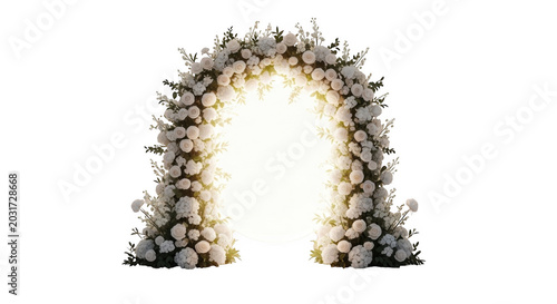 Arched wedding floral arrangement of white roses and hydrangeas framing a bright, glowing oval light against a solid black background
