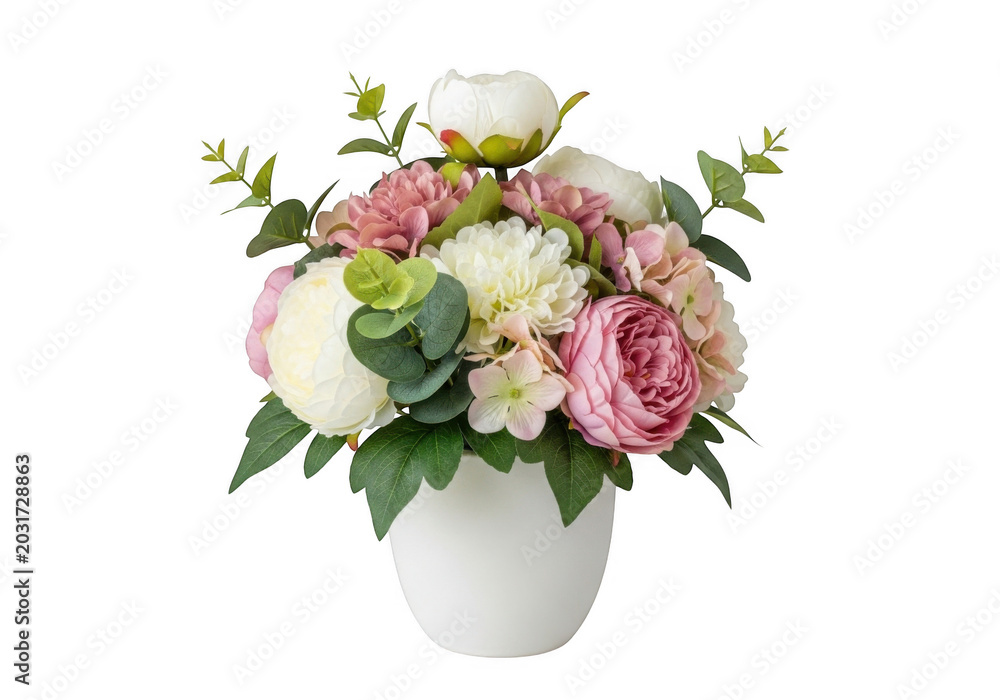 Fototapeta premium Artificial flower arrangement with pink and white peonies, roses, and green eucalyptus leaves in a simple white ceramic pot on black background
