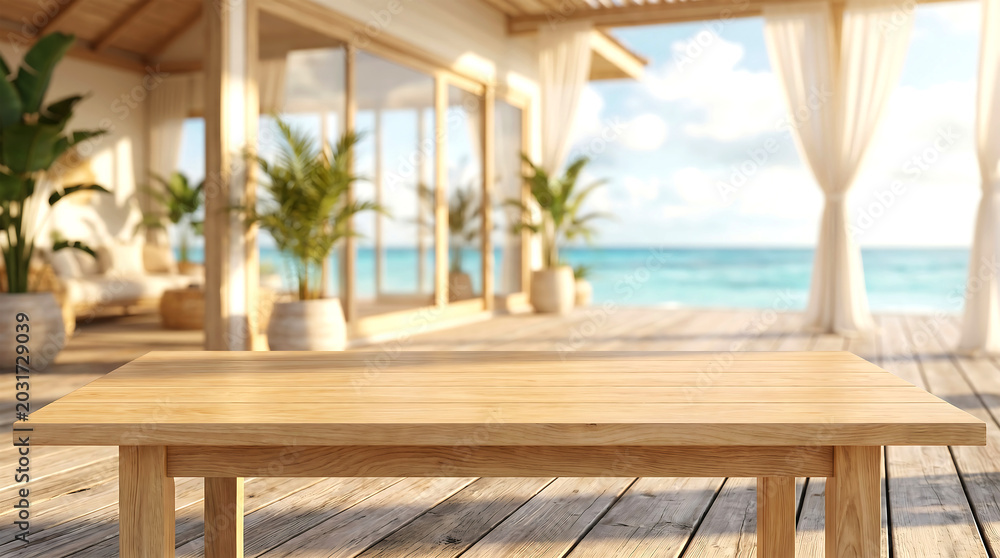 Fototapeta premium White wooden table top blurred beach house interior surfboard for summer lifestyle product mockup display presentation