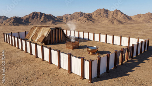 The ancient Israelite Tabernacle in a desert wilderness, with altar and laver for worship, as described in the Bible