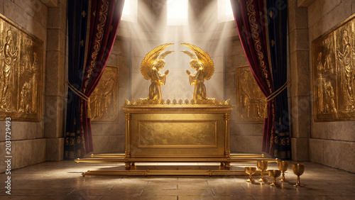 Majestic Ark of the Covenant with golden cherubim under divine light in a sacred temple, symbolizing biblical history