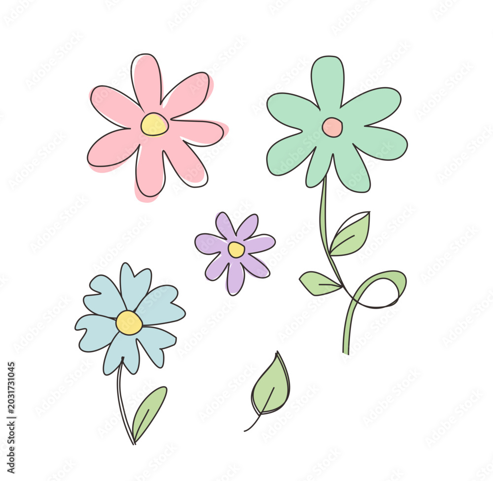 Obraz premium Set of minimalist hand-drawn floral doodles in soft pastel colors, featuring a collection of simple blooming flowers and green leaves on a clean white background
