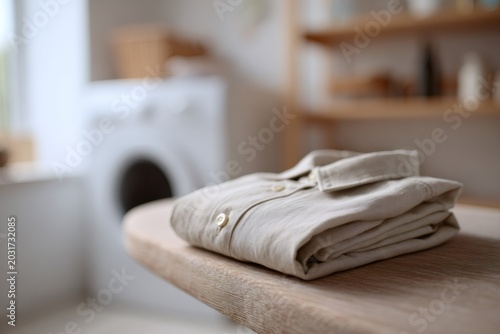 Freshly washed and folded linen shirt on an ironing board. Laundry day concept with a washing machine in the blurred background. Home chores and cleanliness