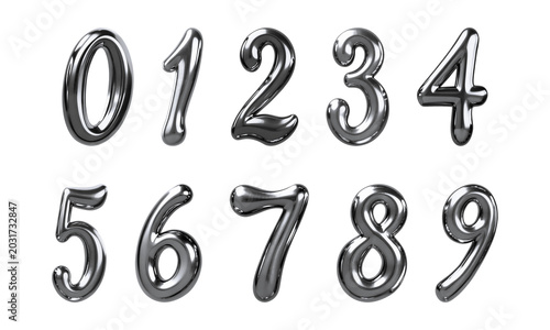 Set of chrome metal numerals from zero to nine with reflective silver surfaces, rounded beveled forms, grid arrangement, and separated decorative digit shapes on transparent background