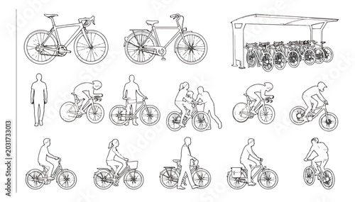Foto Architectural line art bicycle set, minimalist bike silhouettes and people ridin