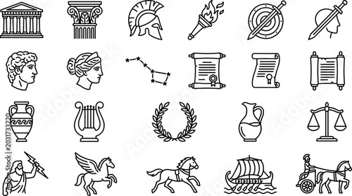 Obraz na płótnie Ancient Greek Mythology and Culture Line Icon Set Featuring Zeus Pegasus Spartan