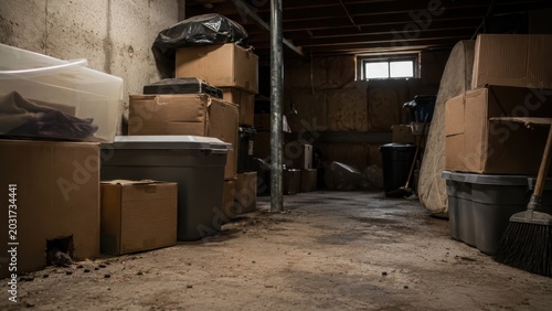 Cluttered basement with boxes, clutter, dust, and debris indicating neglect and need for cleanup.