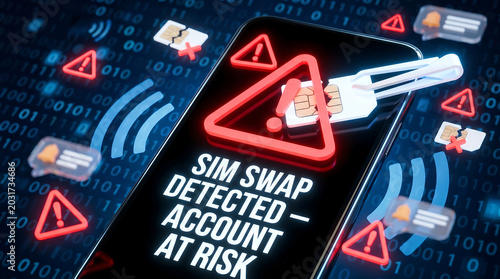 A 3D digital illustration of a smartphone displaying a sim swap alert with glowing red warning signs broken sim cards and binary code for mobile cybersecurity concepts