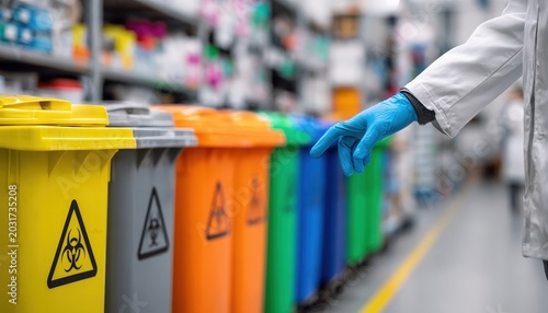 A person wearing a lab coat and blue gloves reaches toward a row of colorful biohazard waste bins in a clean, organized facility.