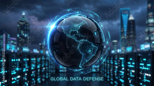 Global data defense conceptual 3D illustration showing digital planet earth protected by shield lock icons over a modern server room network and blurred city skyline at night