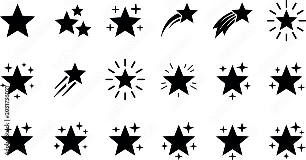 Fototapeta premium Black Star Icon Set Featuring Sparkles Shooting Stars and Shining Shapes for Rating Systems Awards Magic Celebrations and Celestial Decorative Graphic Design Elements