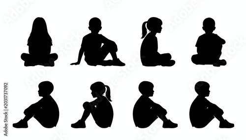 Quadro su tela Collection of diverse children silhouettes sitting in various relaxed and attent