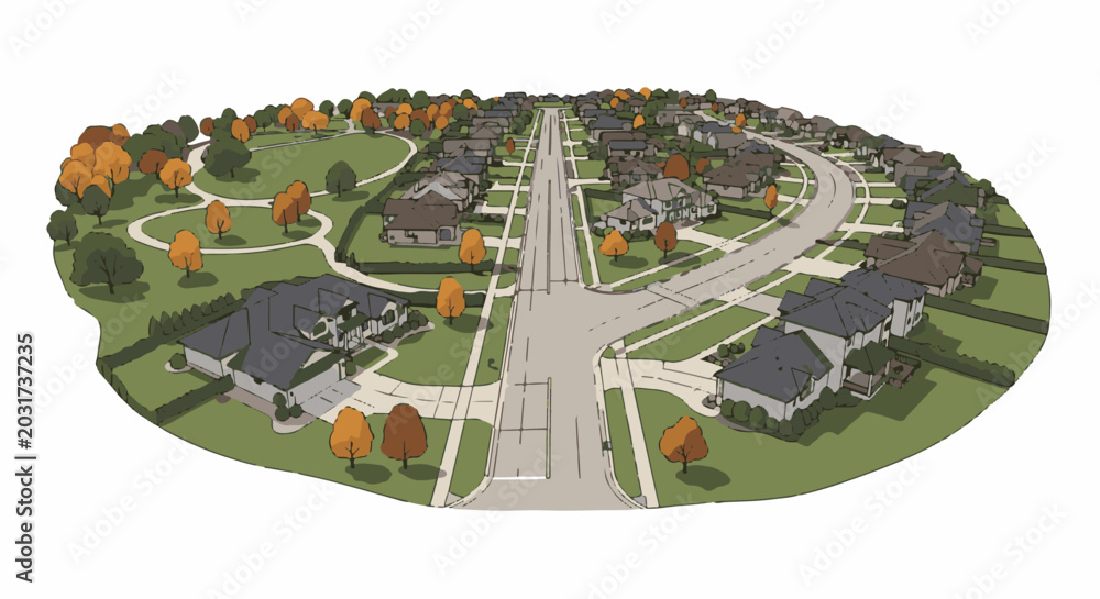 Fototapeta premium Aerial view of a suburban neighborhood with houses, streets, and trees