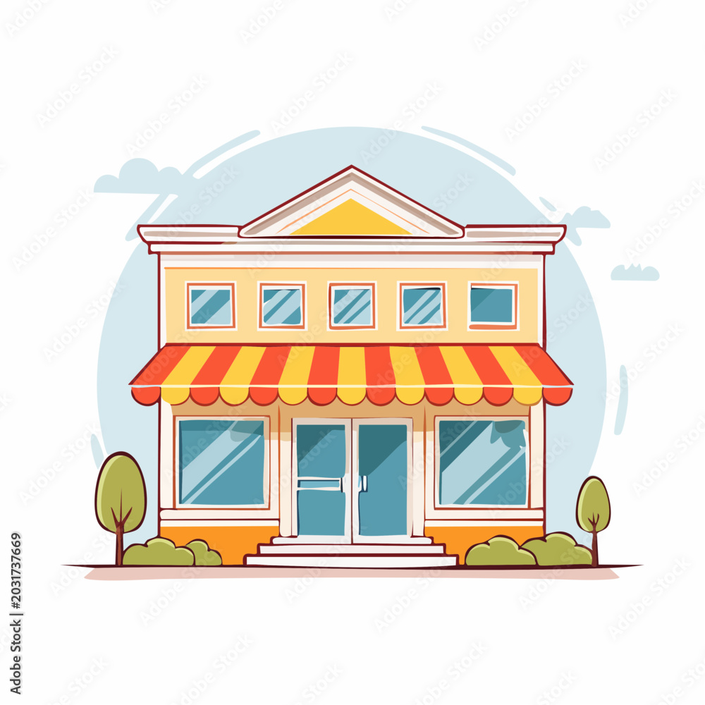 Obraz premium Cartoon Storefront with Awning and Windows