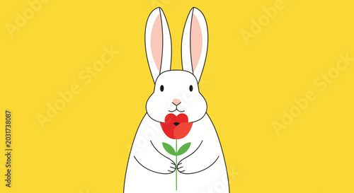 Foto Cute white rabbit holding red rose.