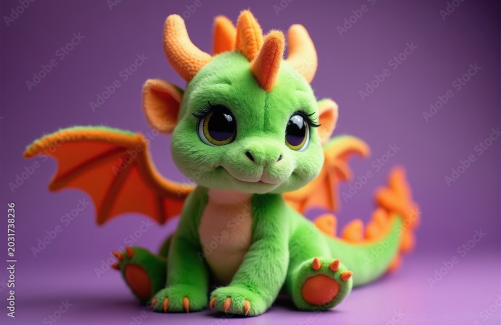 Obraz premium Green and orange baby dragon plush toy with large eyes and wings sits against purple background. This cute stuffed creature has soft fur and little horns on its head. It looks friendly and playful.
