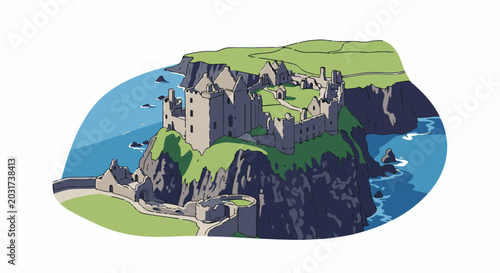 Ancient stone castle ruins perch atop a rugged cliff overlooking the blue sea