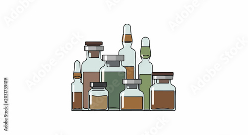 Assorted glass vials and ampoules filled with various liquids