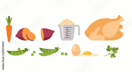 Assorted ingredients and a whole roasted chicken on a white background