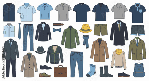 Assorted men's clothing and accessories, flat design style