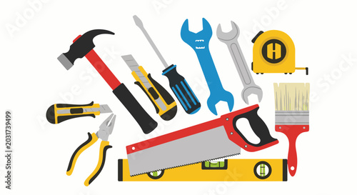 Assorted tools for construction, repair, and DIY projects laid out
