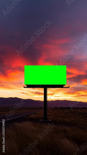 Green Screen Billboard on Desert Road at Colorful Sunset for Outdoor Advertising Mockup