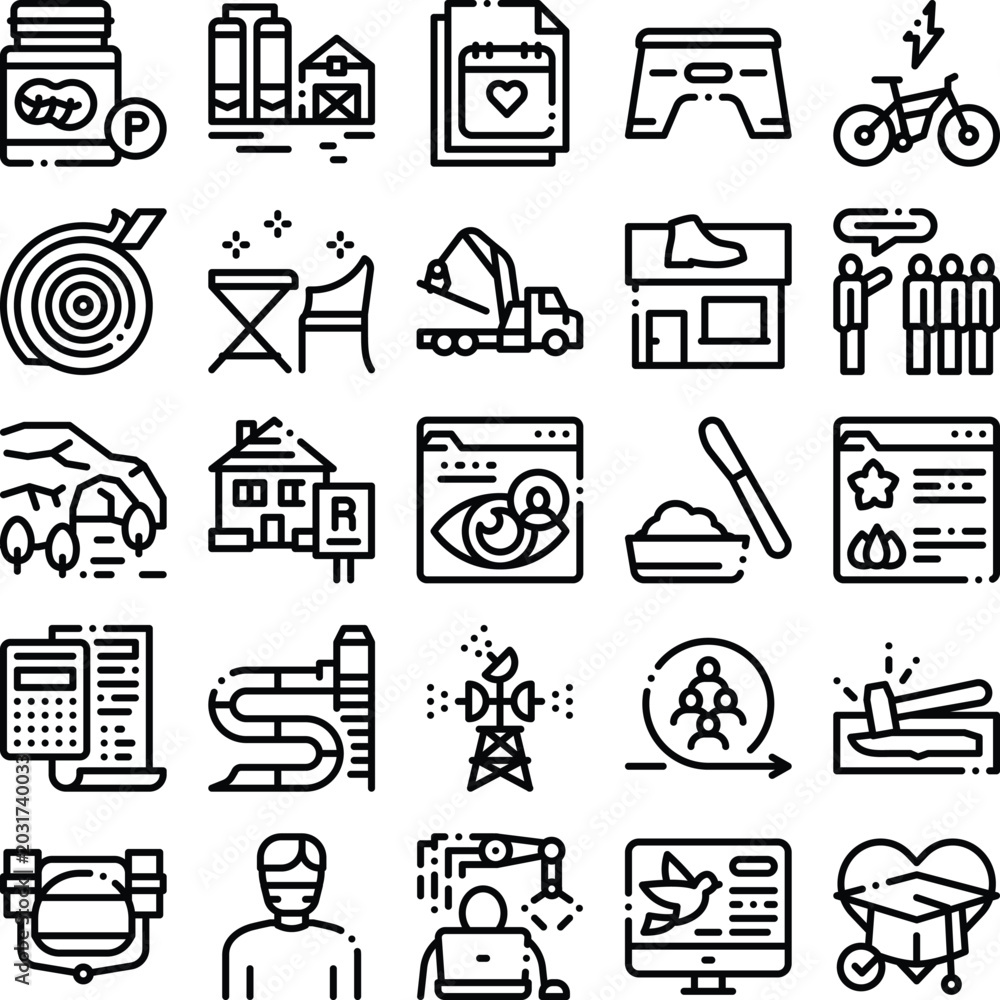 Fototapeta premium Diverse set of minimalist black and white outline icons illustrating various themes including service, industry, education, technology, and everyday life objects