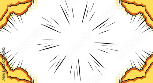 Comic book style background with dynamic speed lines and yellow explosion clouds at the corners. High-energy graphic element for action layouts, manga-inspired designs