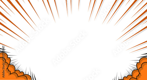 Comic book style background with action lines and orange smoke or explosion clouds at the bottom corners. Perfect for manga-style layouts, action scenes, and expressive graphic design templates