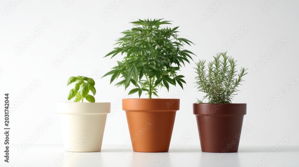 Fototapeta premium Three pots on a white surface showcase a basil seedling, a cannabis plant, and a rosemary plant