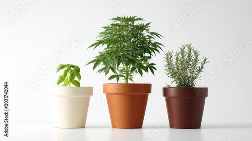 Three pots on a white surface showcase a basil seedling, a cannabis plant, and a rosemary plant