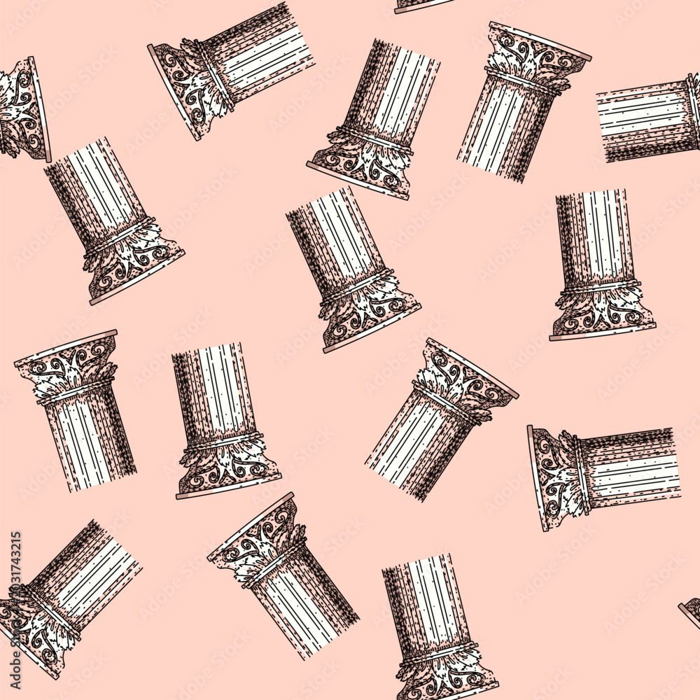 Fototapeta premium pattern Ancient corinthian column capital and fluted shaft, illustrating classical architectural elements with decorative acanthus leaves and volutes in a hand drawn line art style