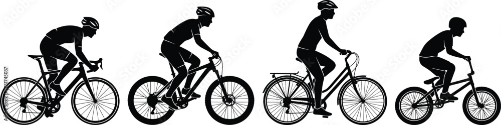 Fototapeta premium Cyclist Silhouette Vector Set Featuring Professional Road Racing Mountain Biking City Commuting and BMX Riders for Sports and Fitness Website DesignsCyclist Silhouette Vector Set Featuring Professiona