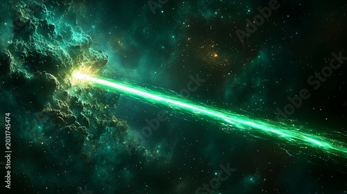 Cosmic Explosion: Green Energy Beam Ignites Nebula in Deep Space