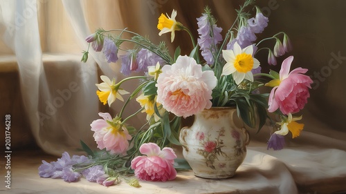 Vintage floral still life peonies daffodils and campanula in ceramic vase