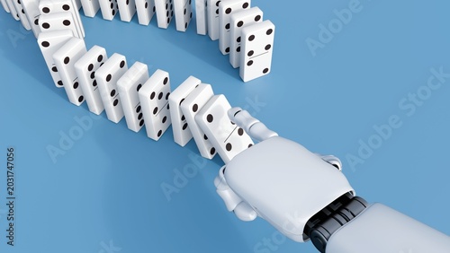 Foto A 3D rendering of a white robotic hand using its index finger to topple the first piece in a long, neat row of white dominoes, triggering a chain reaction