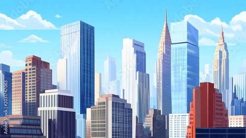 Modern Cityscape with Tall Skyscrapers under a Blue Sky with Clouds