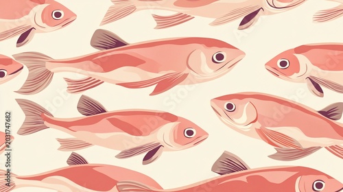 Seamless Pattern of Pink Fish Swimming on a Light Background, Vector Illustration