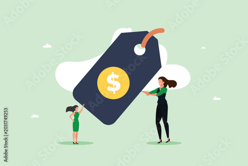 Businesswomen Holding Huge Price Tag Flat Vector Illustration