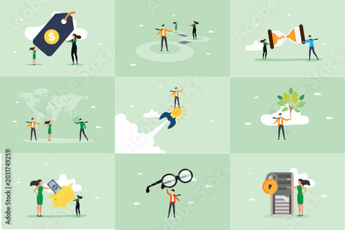 Business Strategy and Financial Growth Flat Vector Illustration Set