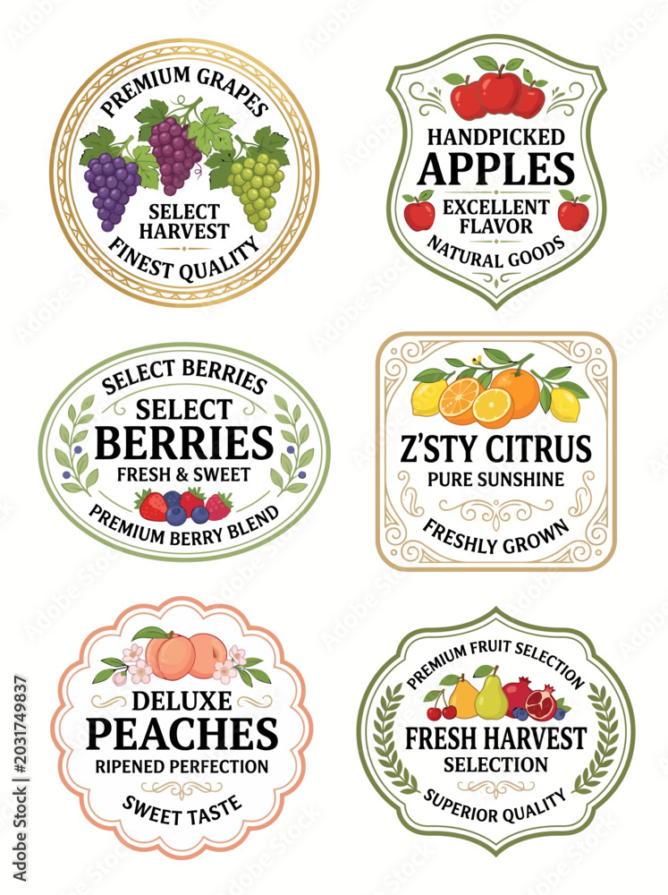 Obraz premium Fruit labels collection featuring various fresh harvest produce designs for organic food branding and marketing projects