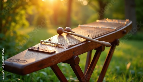 Wooden hammered dulcimer instrument with mallets rests outdoors. Soft sunlight shines on the stringed musical device. Peaceful nature background highlights folk heritage.