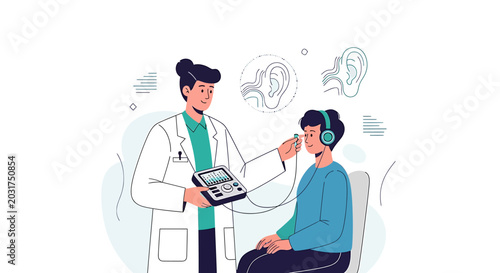 Audiologist performing hearing test on patient with headphones