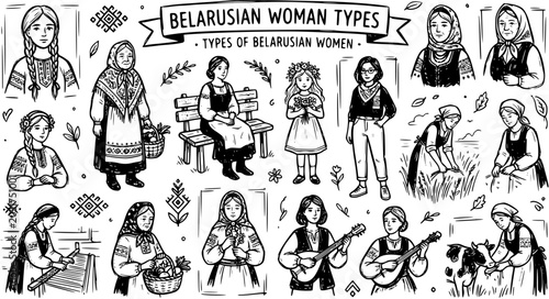 Fotografie Belarusian Woman Types: Black and White Line Art of Traditional Female Character